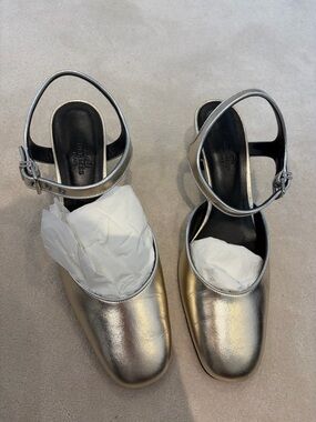 Hermes Metallic Silver Leather Mary Jane Mules